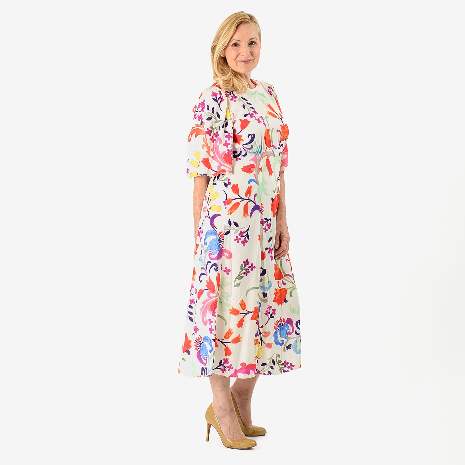 Close Out - Maria Kaneva - Boat Neck Abstract Floral Print Midi Dress (Size 12) - MultiColor