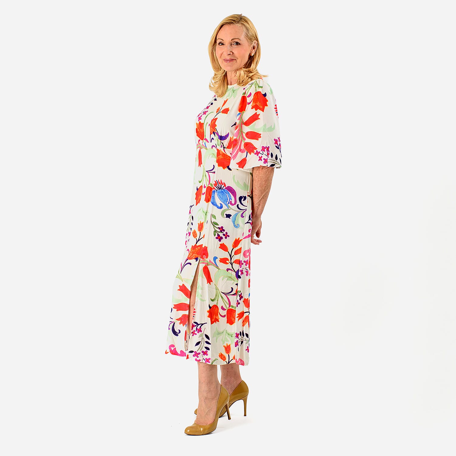 Close Out - Maria Kaneva - Boat Neck Abstract Floral Print Midi Dress (Size 12) - MultiColor