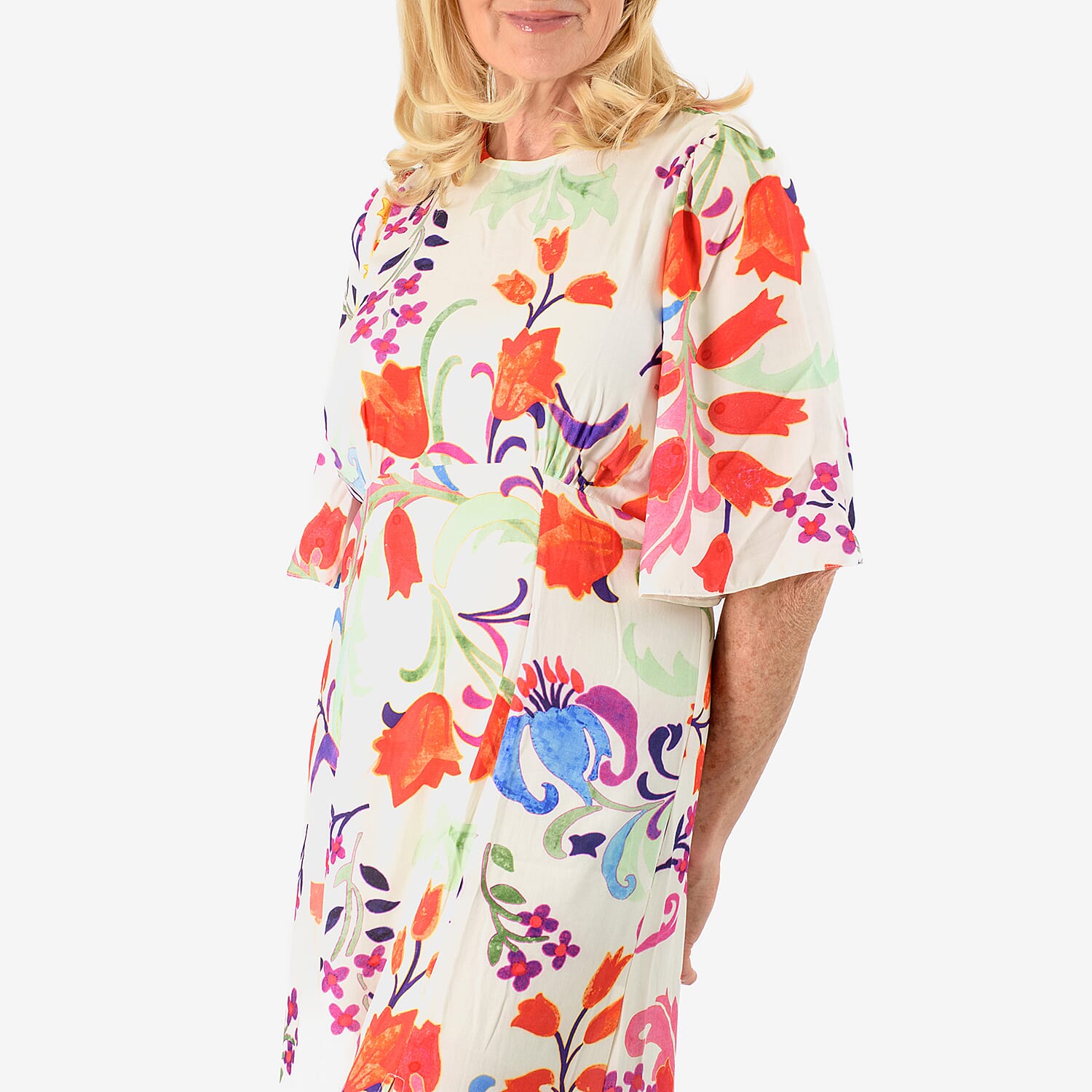 Close Out - Maria Kaneva - Boat Neck Abstract Floral Print Midi Dress (Size 12) - MultiColor