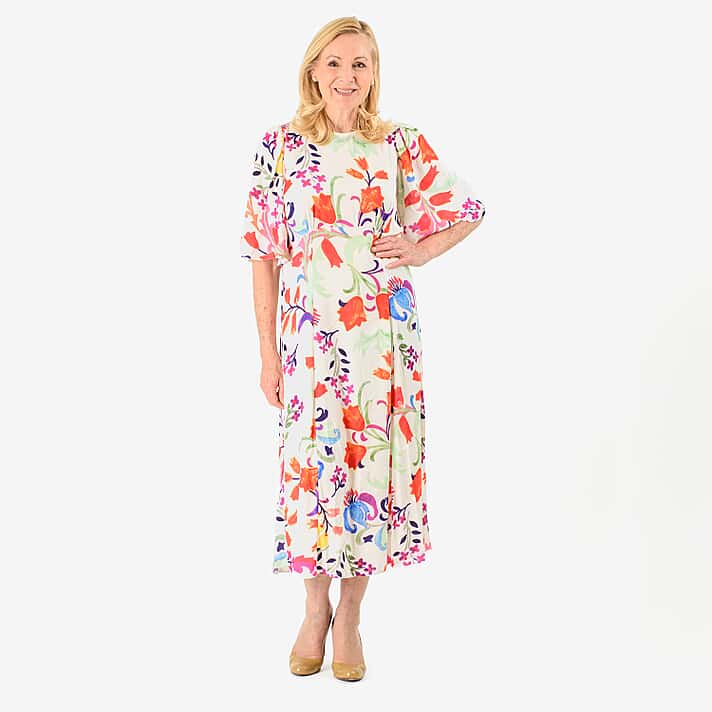 Close Out - Maria Kaneva - Boat Neck Abstract Floral Print Midi Dress (Size 10) - MultiColor