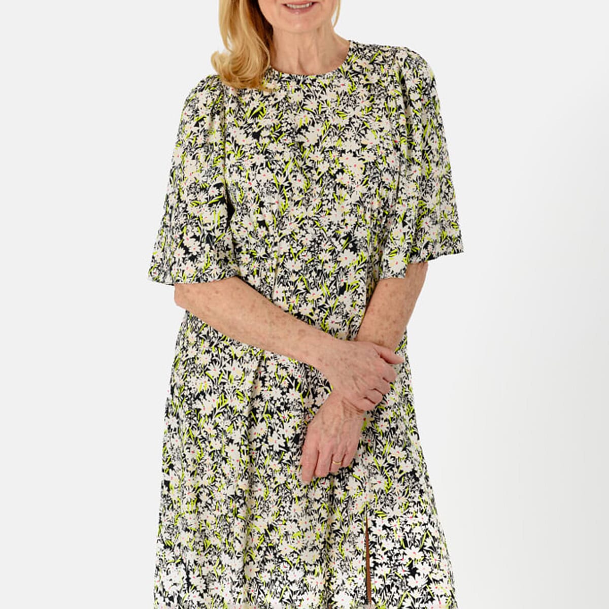 Casual Ditsy Floral Boat Neck Midi Dress (Size 10)
