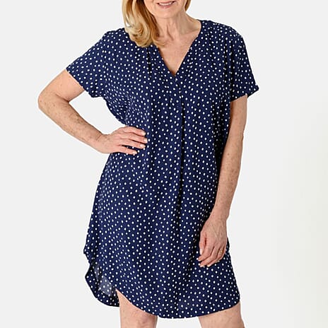 Marina Kaneva Simple & Stylish V-Neck Polka Dot Dress with Short Sleeves (Size 8) - Navy