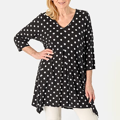 Polka Dot Printed V-Neck Jesey Tunic Top (Size 16) - Black