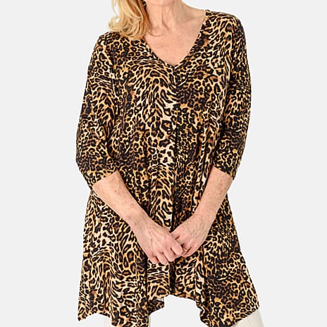 Leopard Printed V-Neck Jesey Tunic Top (Size 16) - Leopard
