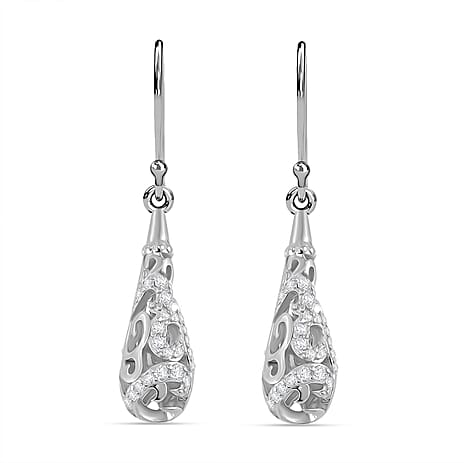 LucyQ - Air Drip Collection White Zircon Earring with Hook in Rhodium Overlay Sterling Silver 1.32 Ct.