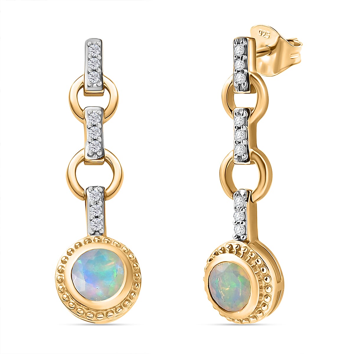 Ethiopian Faceted Opal & White Zircon Solitaire Stud Push Post Earring in 18K Vermeil Yellow Gold Plated Sterling Silver 0.91 Ct. Ethiopian Faceted Opal & White Zircon Solitaire Stud Push Post Earring in 18K Vermeil Yellow Gold Plated Sterling Silver 0.91 Ct.