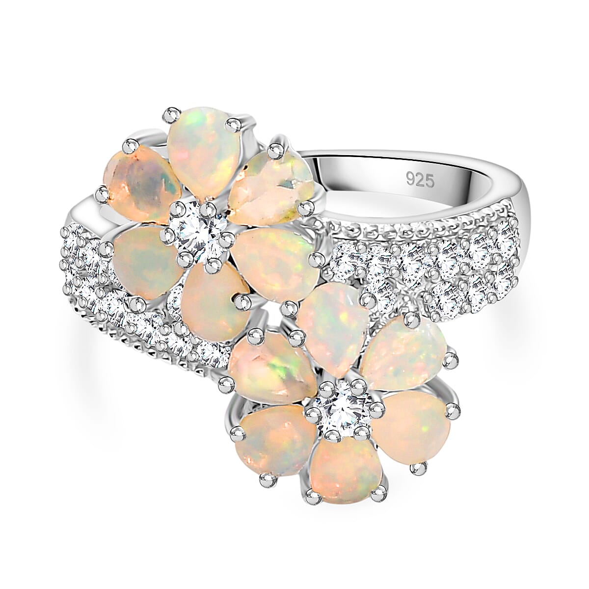 Ethiopian Faceted Opal & White Zircon Bypass Ring in Rhodium Overlay Sterling Silver 1.78 Ct.