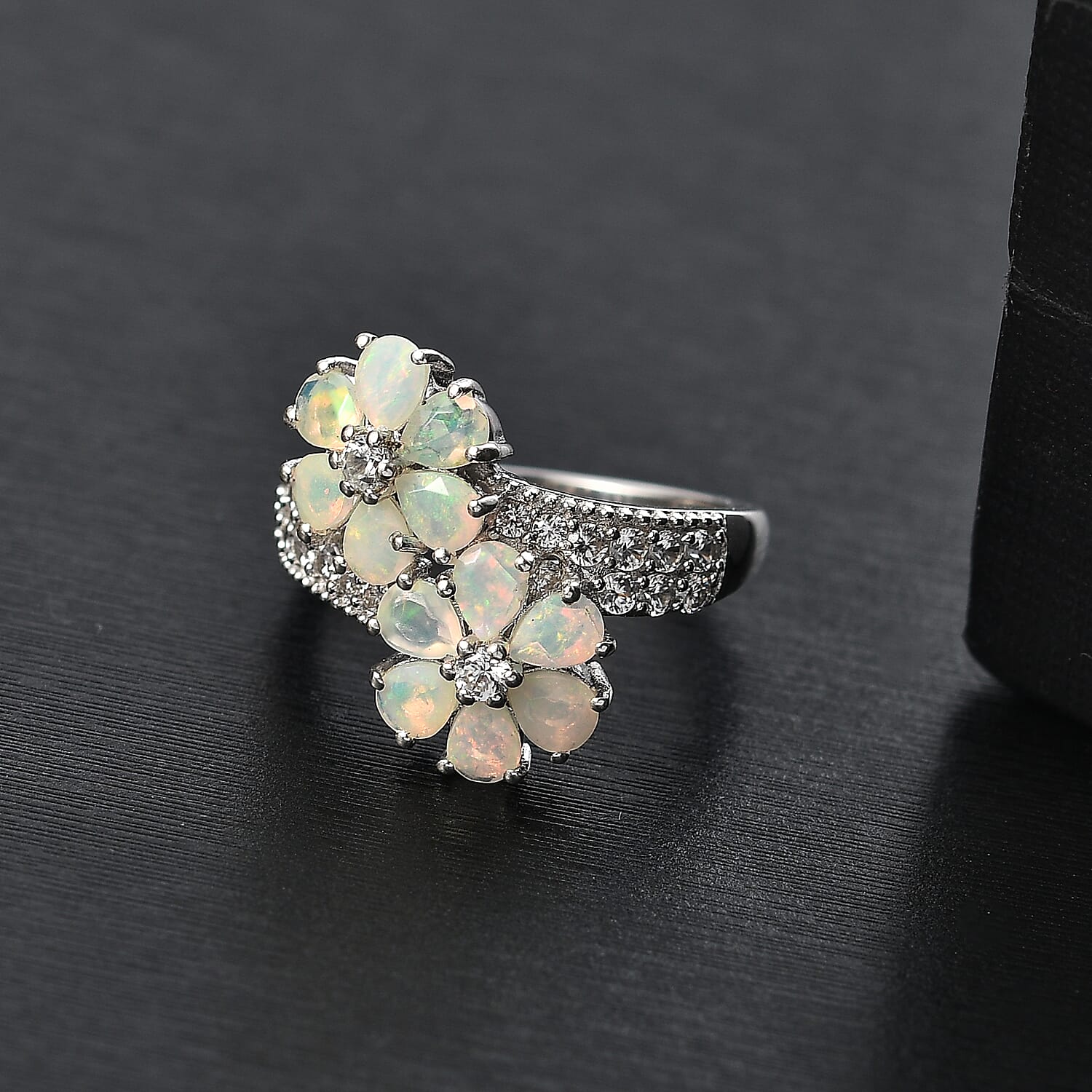 Ethiopian Faceted Opal & White Zircon Bypass Ring in Rhodium Overlay Sterling Silver 1.78 Ct.