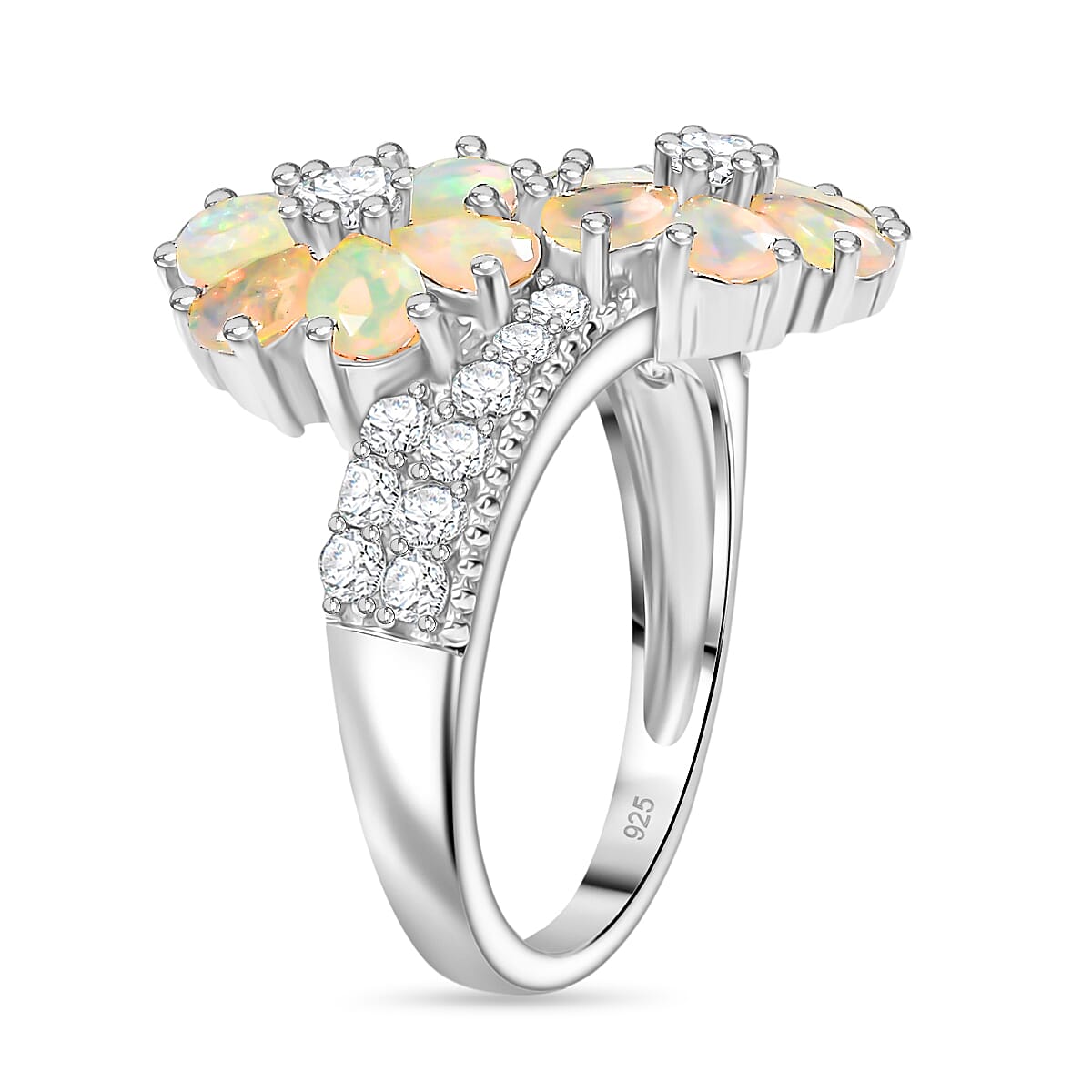 Ethiopian Faceted Opal & White Zircon Bypass Ring in Rhodium Overlay Sterling Silver 1.78 Ct.