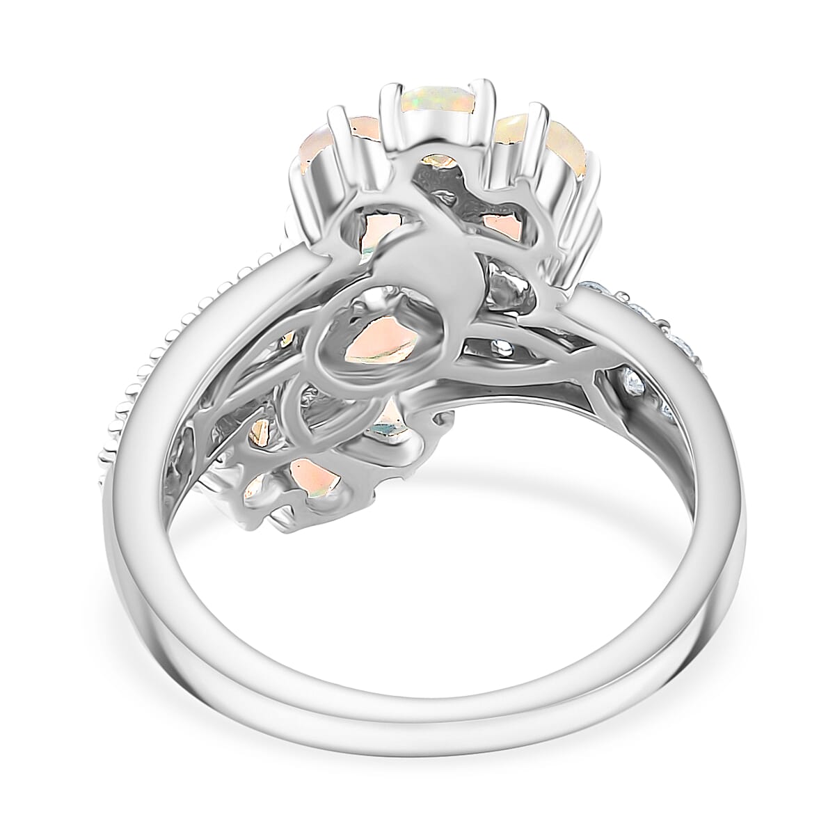 Ethiopian Faceted Opal & White Zircon Bypass Ring in Rhodium Overlay Sterling Silver 1.78 Ct.