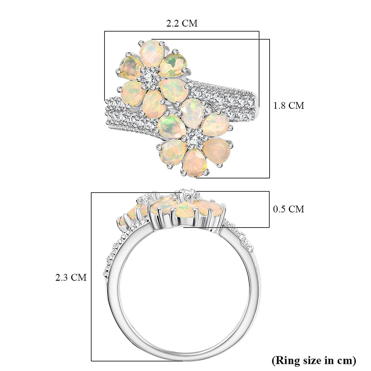 Ethiopian Faceted Opal & White Zircon Bypass Ring in Rhodium Overlay Sterling Silver 1.78 Ct.