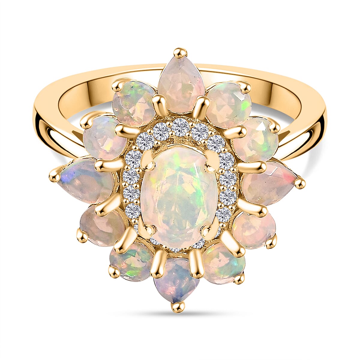 Ethiopian Faceted Opal & White Zircon Ring in 18K Vermeil Yellow Gold Plated Sterling Silver 1.65 Ct.