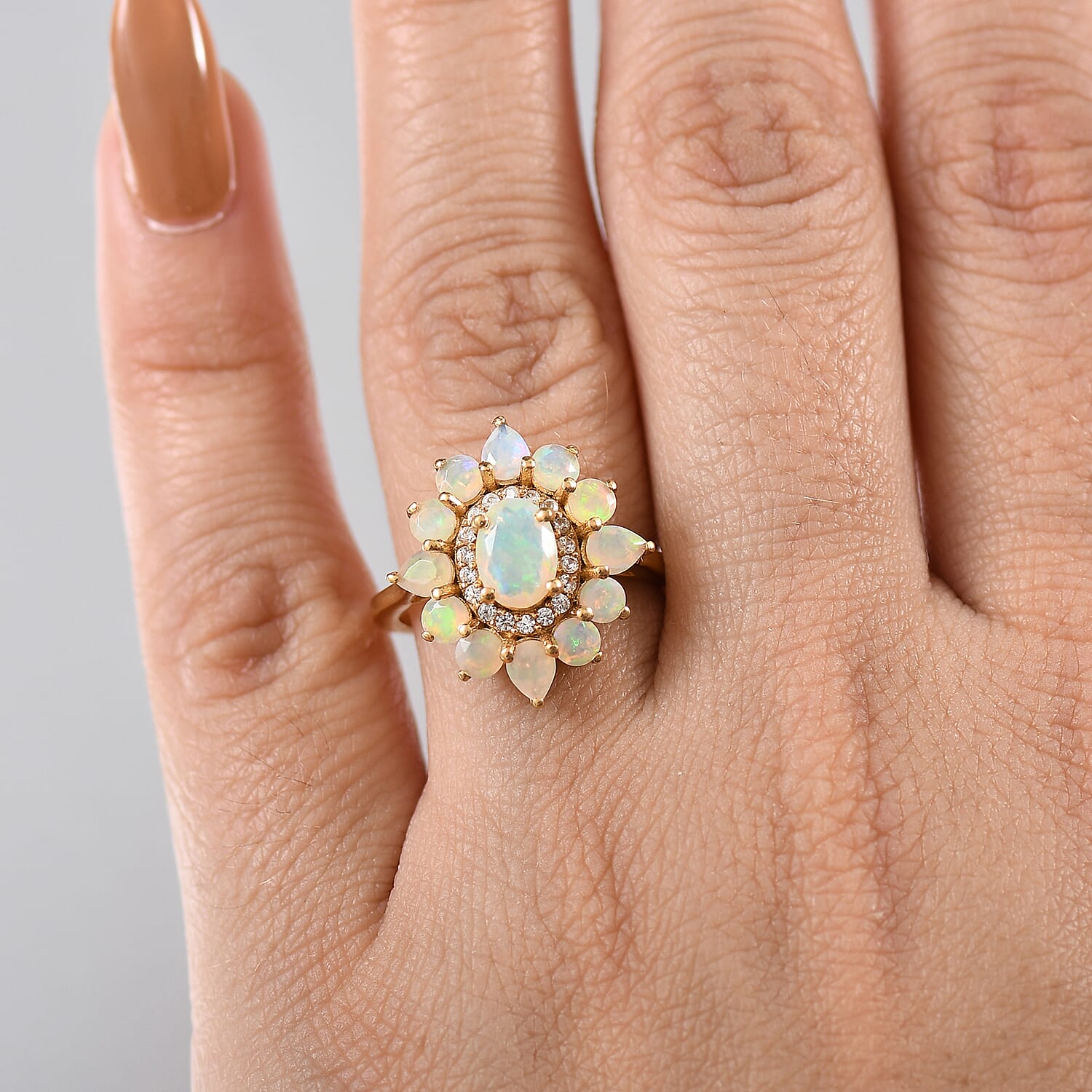 Ethiopian Faceted Opal & White Zircon Ring in 18K Vermeil Yellow Gold Plated Sterling Silver 1.65 Ct.