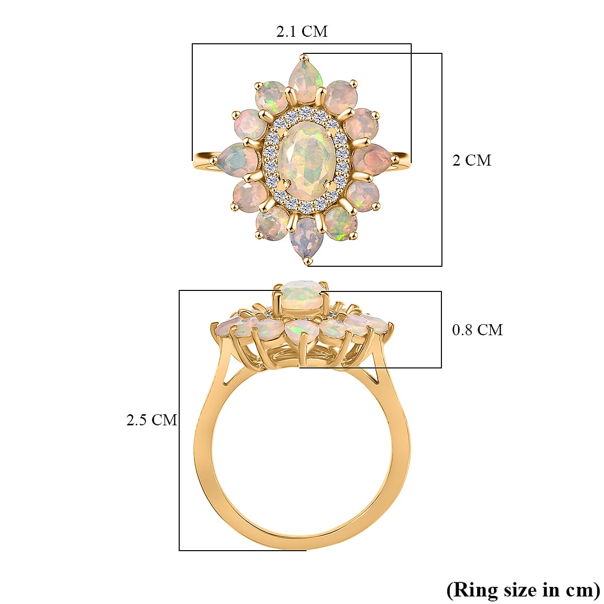 Ethiopian Faceted Opal & White Zircon Ring in 18K Vermeil Yellow Gold Plated Sterling Silver 1.65 Ct.