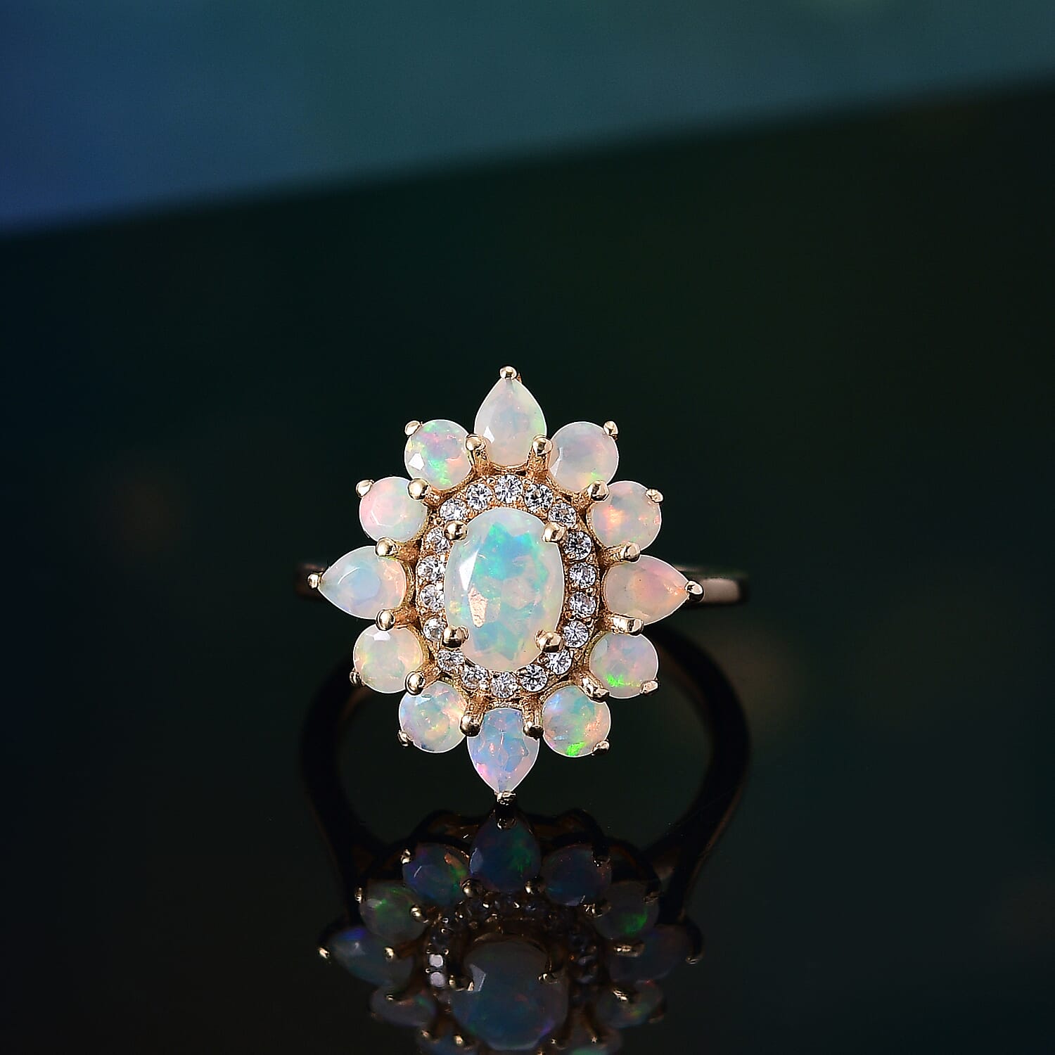 Ethiopian Faceted Opal & White Zircon Ring in 18K Vermeil Yellow Gold Plated Sterling Silver 1.65 Ct.