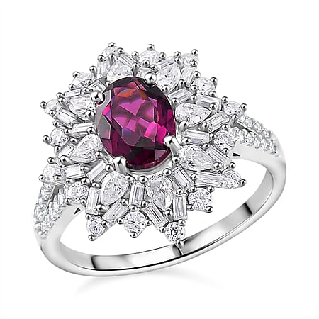 Radiant Ember Garnet and Moissanite Halo Ring in Rhodium Overlay Sterling Silver 2.89 Ct. Radiant Ember Garnet and Moissanite Halo Ring in Rhodium Overlay Sterling Silver 2.89 Ct.
