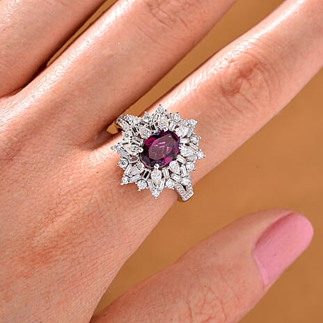 AAA Radiant Ember Garnet & Moissanite Ring in Rhodium Overlay Sterling Silver 2.89 Ct.