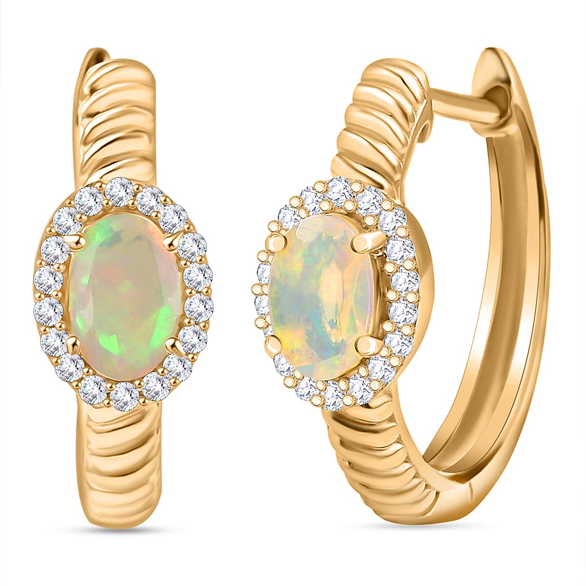 Ethiopian Faceted Opal & White Zircon Full Hoop Earring in 18K Vermeil Yellow Gold Plated Sterling Silver
