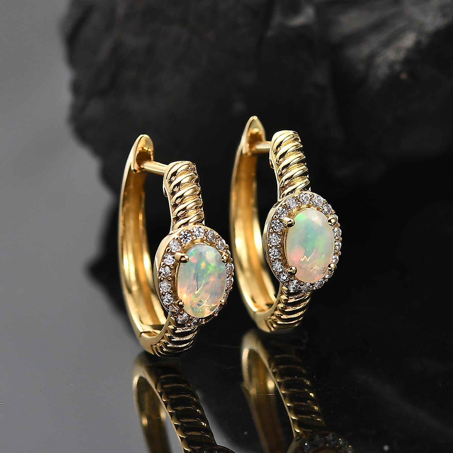 Ethiopian Faceted Opal & White Zircon Full Hoop Earring in 18K Vermeil Yellow Gold Plated Sterling Silver