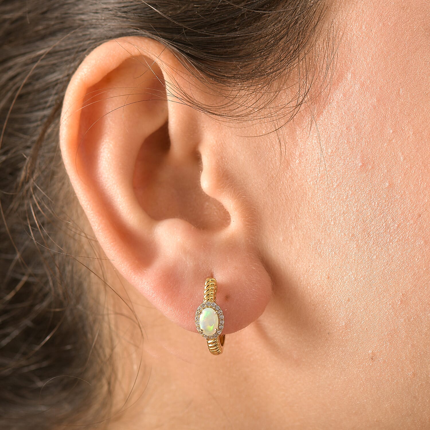 Ethiopian Faceted Opal & White Zircon Full Hoop Earring in 18K Vermeil Yellow Gold Plated Sterling Silver