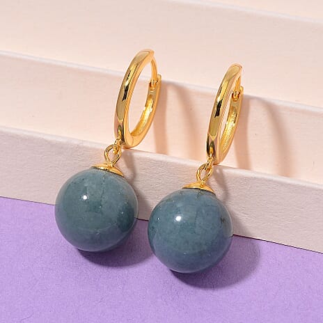 Natural Type A Jadeite Hoop Earrings in Yellow Gold Plated Sterling Silver 30.00 Ct.