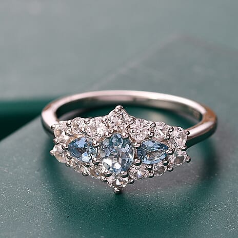 Santamaria Aquamarine & White Zircon Ring in Rhodium Overlay Sterling Silver 1.47 Ct.