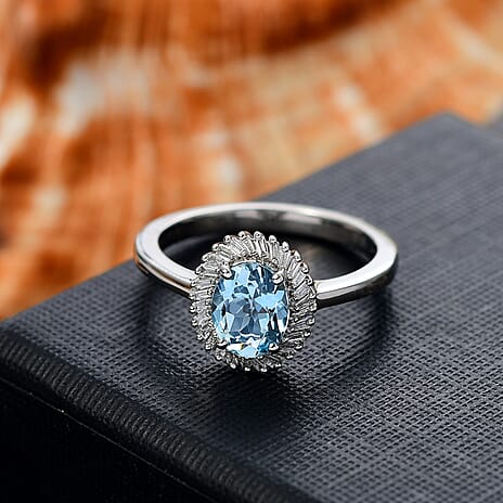 RHAPSODY 950 Platinum AAAA Santamaria Aquamarine & (VS-E-F) White Diamond Ring 1.16 Ct, Platinum Wt. 5.70 Gms.