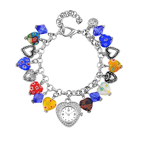STRADA Japanese Movt. Water-Resistant Multi Colour Murano Style Beads Charm Bracelet Watch (Size 8-1 Ext.)