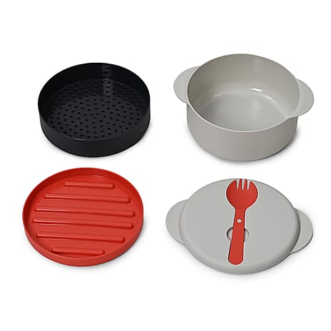 Microwave 3 Tier Vegetable Steamer with Spoon - CookEntire Meals - Dishwasher Safe - Grey & Orange