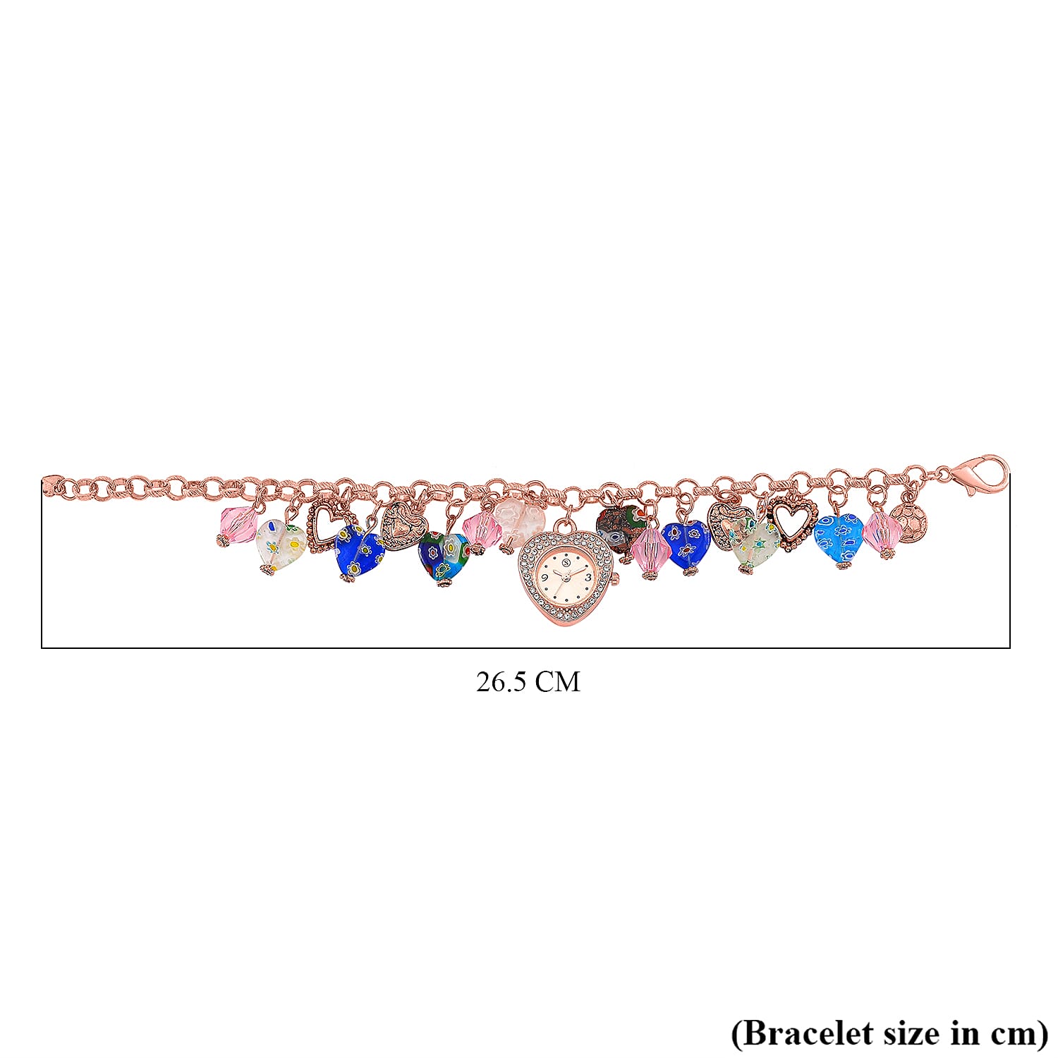 STRADA Japanese Movt. Water-Resistant Multi Colour Murano Style Beads Charm Bracelet Watch (Size 8-1 Ext.) - Pink STRADA Japanese Movt. Water-Resistant Multi Colour Murano Style Beads Charm Bracelet Watch (Size 8-1 Ext.) - Pink