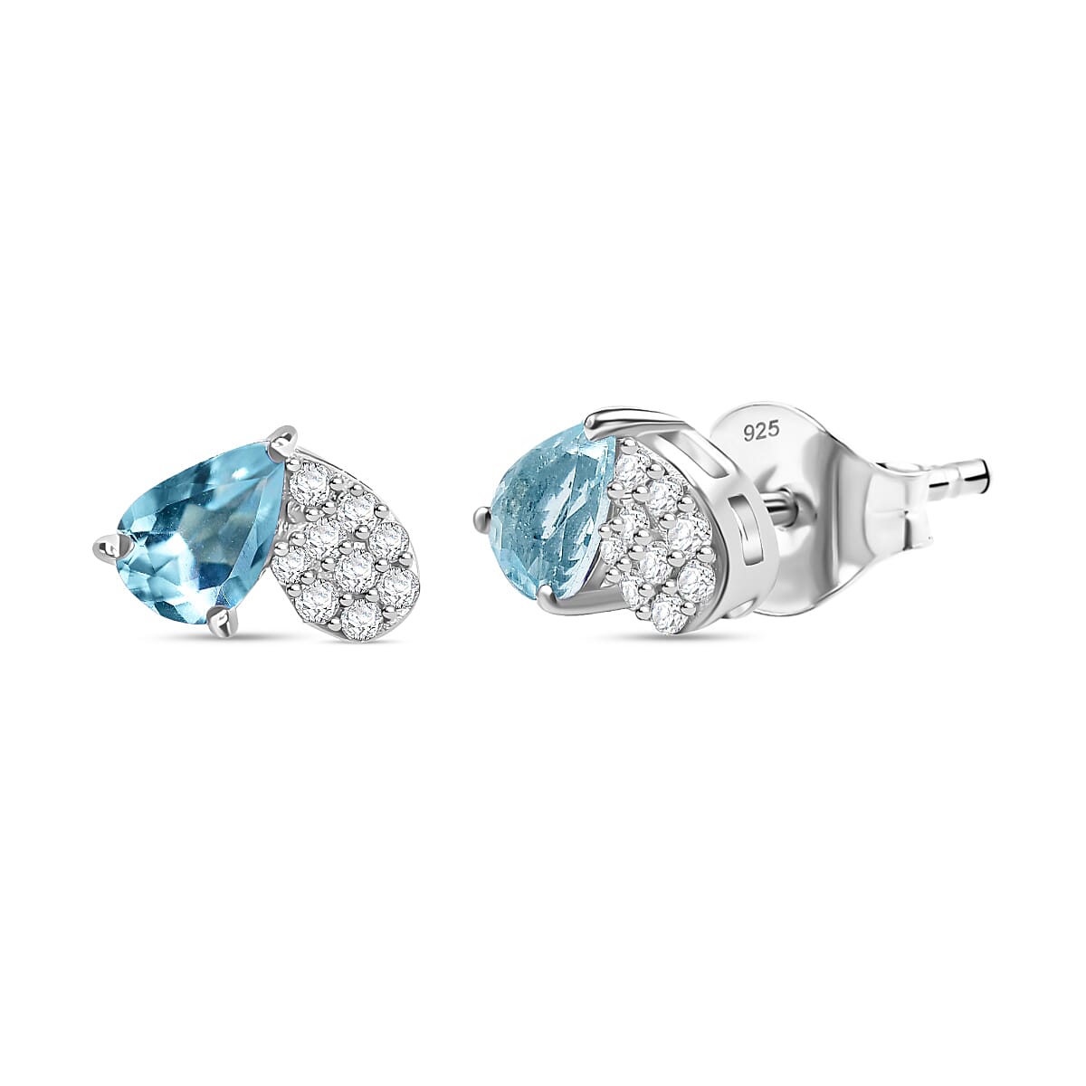 Aquamarine & Moissanite Solitaire Stud Push Post Earring with Push Back in Rhodium Overlay Sterling Silver 0.92 Ct.