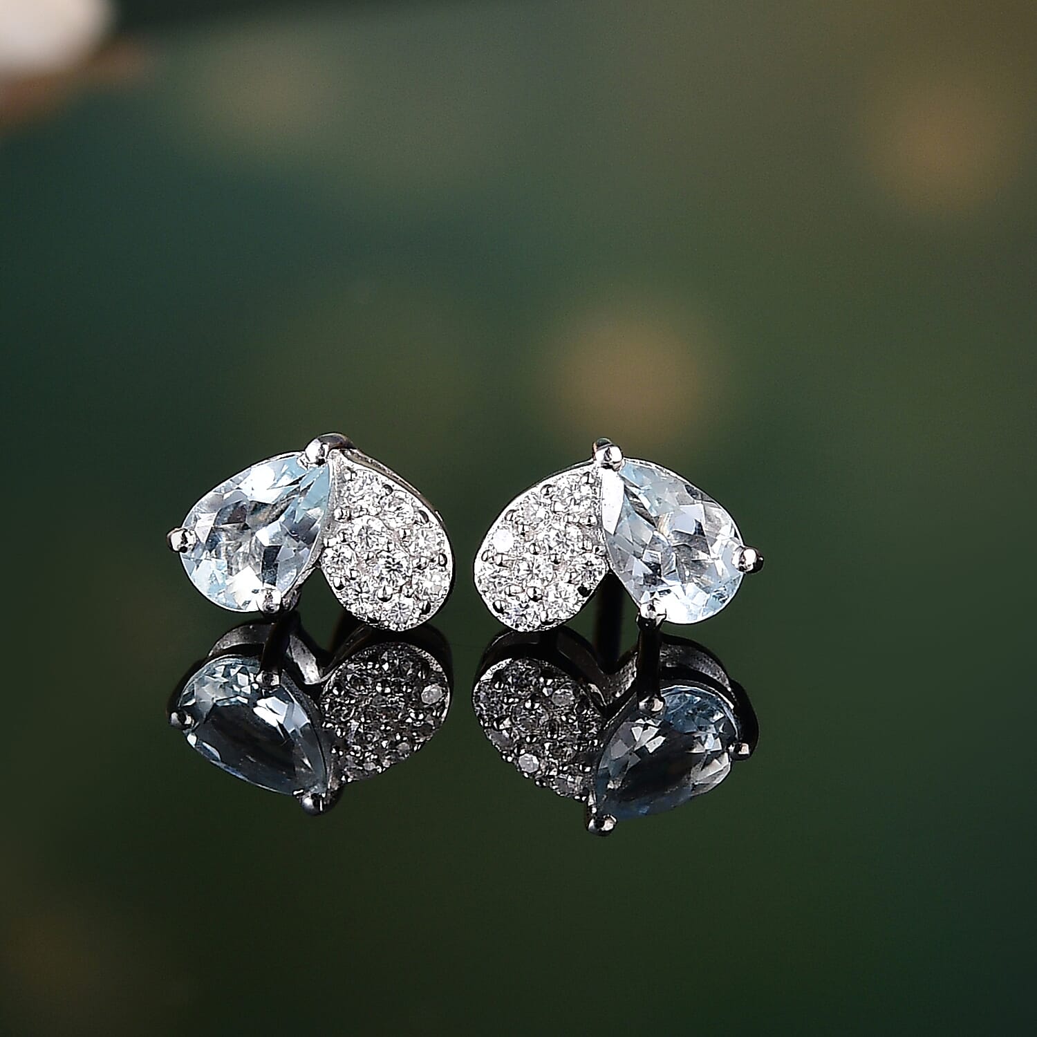 Aquamarine & Moissanite Solitaire Stud Push Post Earring with Push Back in Rhodium Overlay Sterling Silver 0.92 Ct.