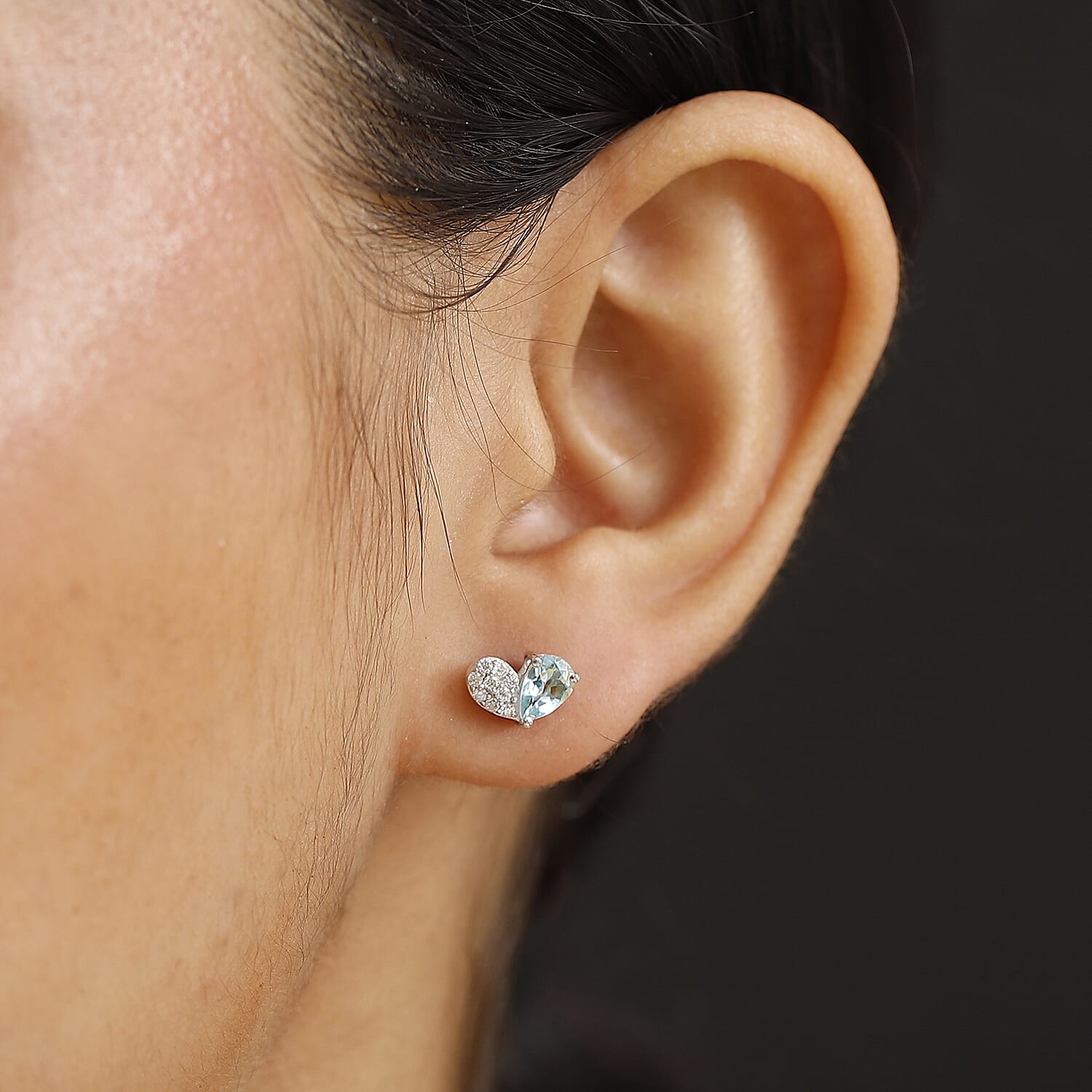 Aquamarine & Moissanite Solitaire Stud Push Post Earring with Push Back in Rhodium Overlay Sterling Silver 0.92 Ct.
