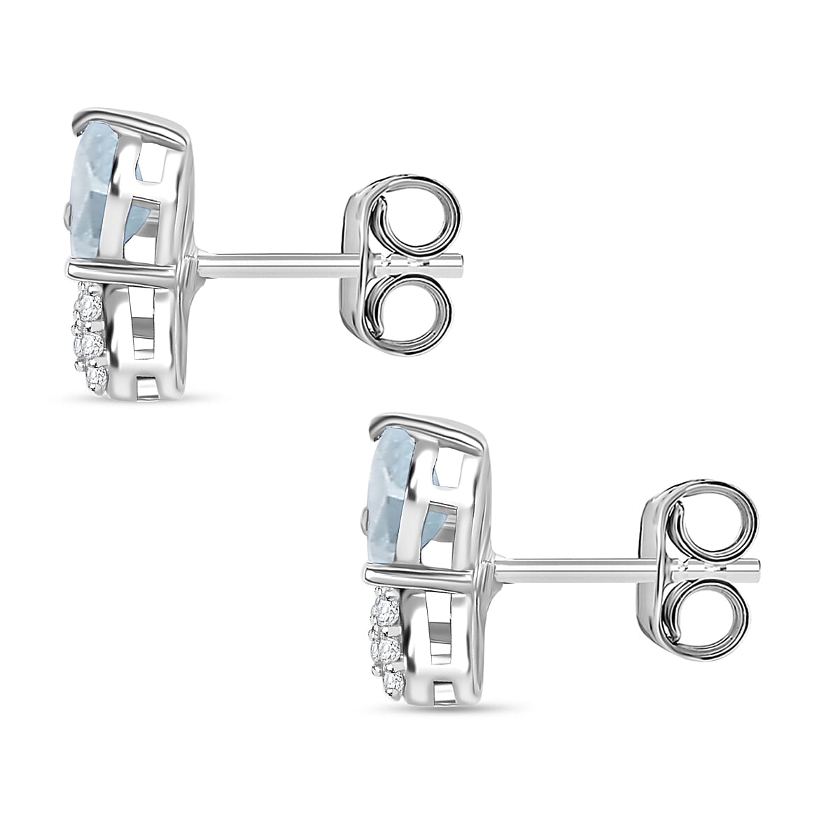 Aquamarine & Moissanite Solitaire Stud Push Post Earring with Push Back in Rhodium Overlay Sterling Silver 0.92 Ct.