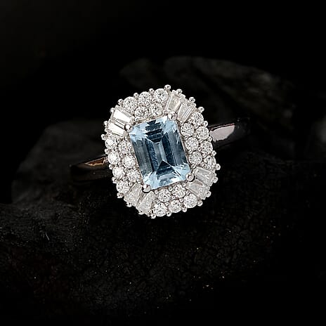 Aquamarine & Moissanite Ring in Rhodium Overlay Sterling Silver 1.54 Ct.