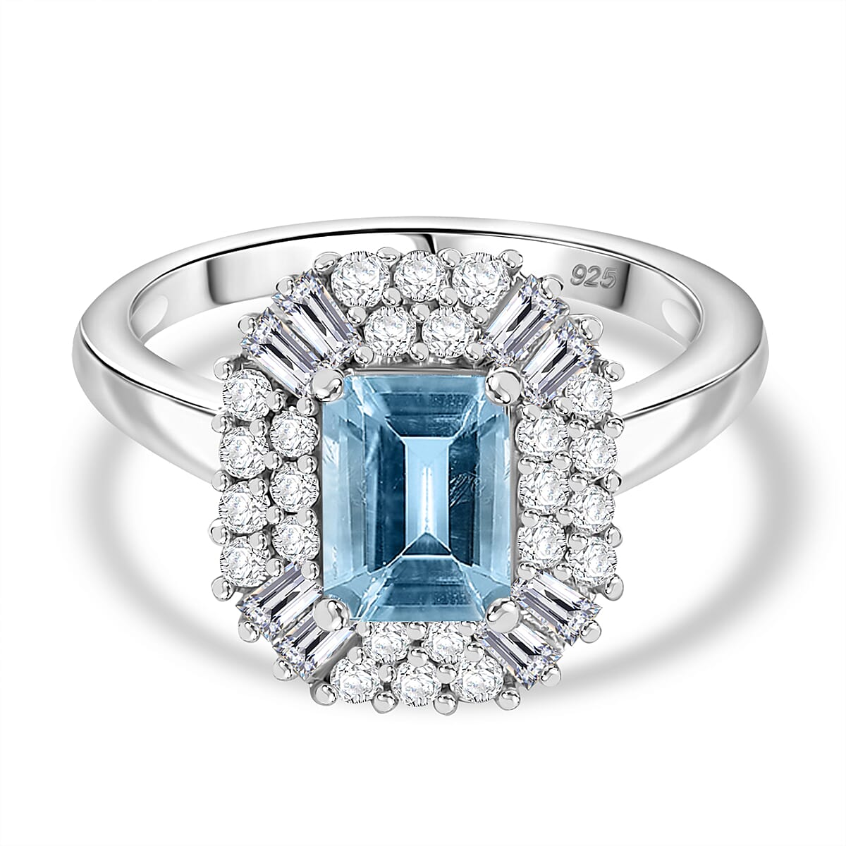 Aquamarine & Moissanite Ring in Rhodium Overlay Sterling Silver 1.54 Ct.