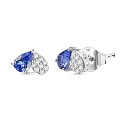 THE TOI ET MOI - Tanzanite and Moissanite Solitaire Stud Push Post Earring in Rhodium Overlay Sterling Silver 1.02 Ct.