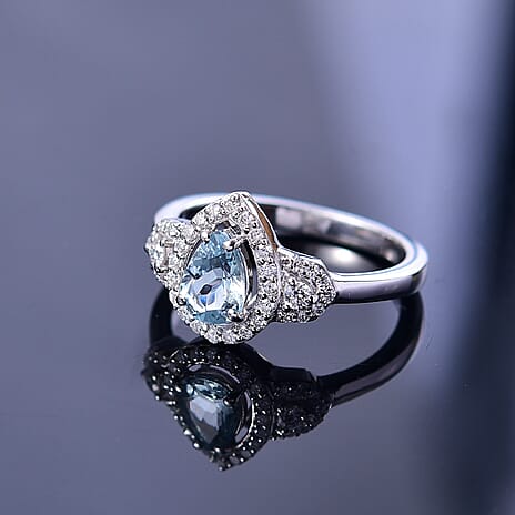 Aquamarine & Moissanite Ring in Rhodium Overlay Sterling Silver 0.93 Ct.