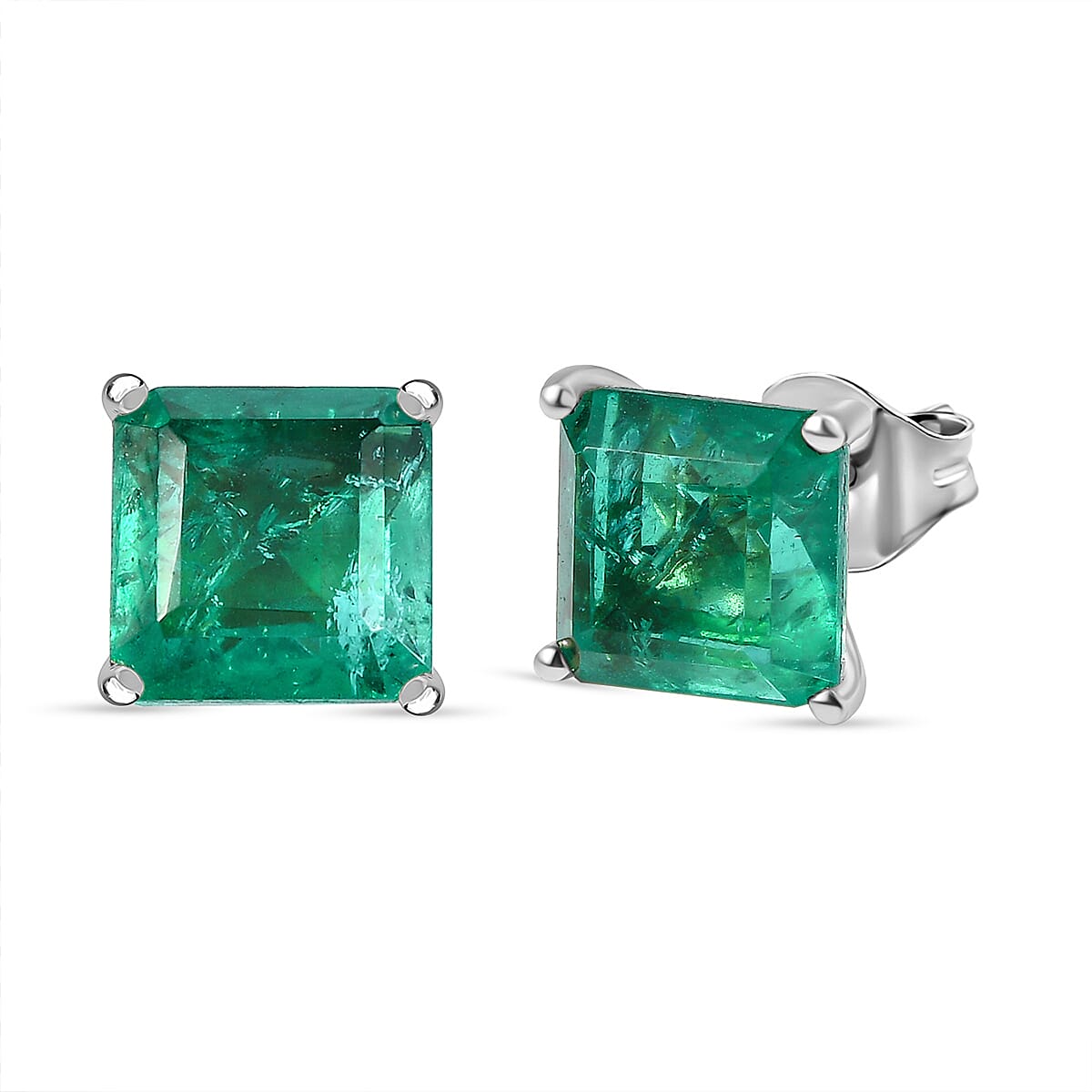 Emeraldine Triplet Quartz Solitaire Stud Push Post Earring in Platinum Overlay Sterling Silver 6.07 Ct.