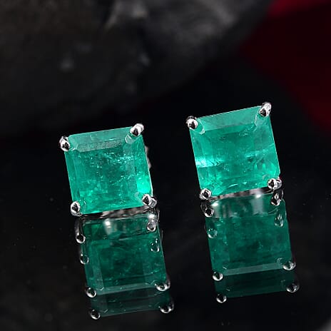 Emeraldine Triplet Quartz Solitaire Stud Push Post Earring in Platinum Overlay Sterling Silver 6.07 Ct.