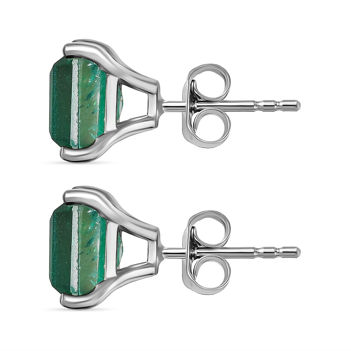 Emeraldine Triplet Quartz Solitaire Stud Push Post Earring in Platinum Overlay Sterling Silver 6.07 Ct.