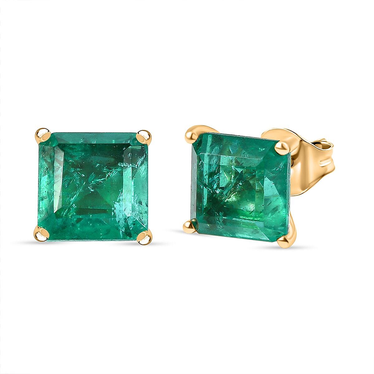 Emeraldine Triplet Quartz Solitaire Stud Push Post Earring in 14K Gold Overlay Sterling Silver 6.07 Ct.