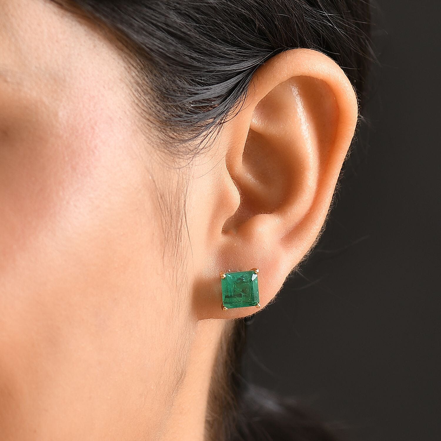 Emeraldine Triplet Quartz Solitaire Stud Push Post Earring in 14K Gold Overlay Sterling Silver 6.07 Ct.