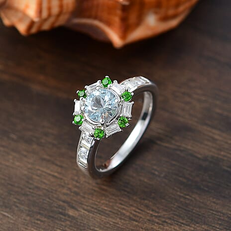Aquamarine, Natural Chrome Diopside & Moissanite Ring in Rhodium Overlay Sterling Silver 1.59 Ct.