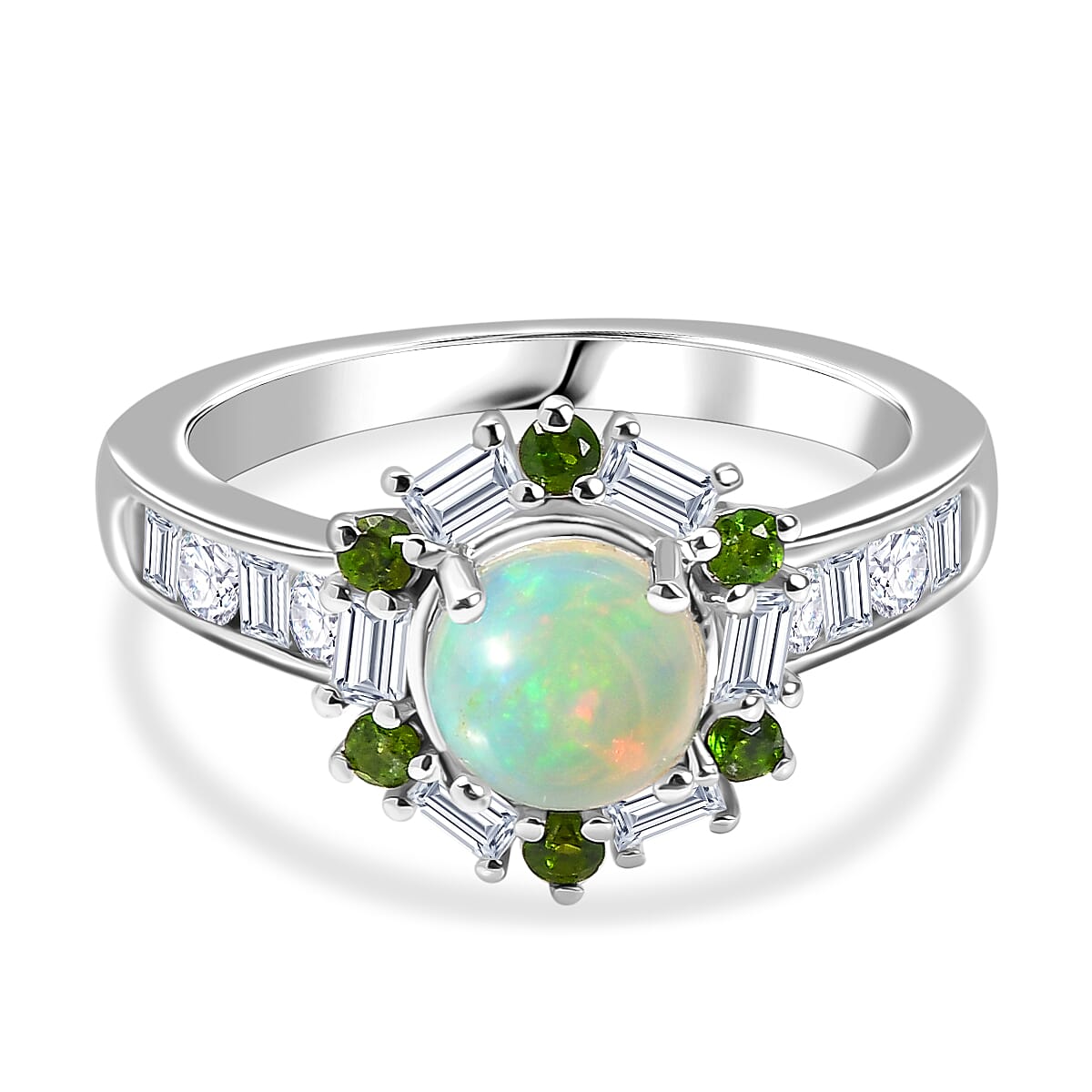 Ethiopian Opal, Natural Chrome Diopside, Moissanite Main Stone With Side Stone Ring in Rhodium OverlaySterling Silver  1.411  Ct.