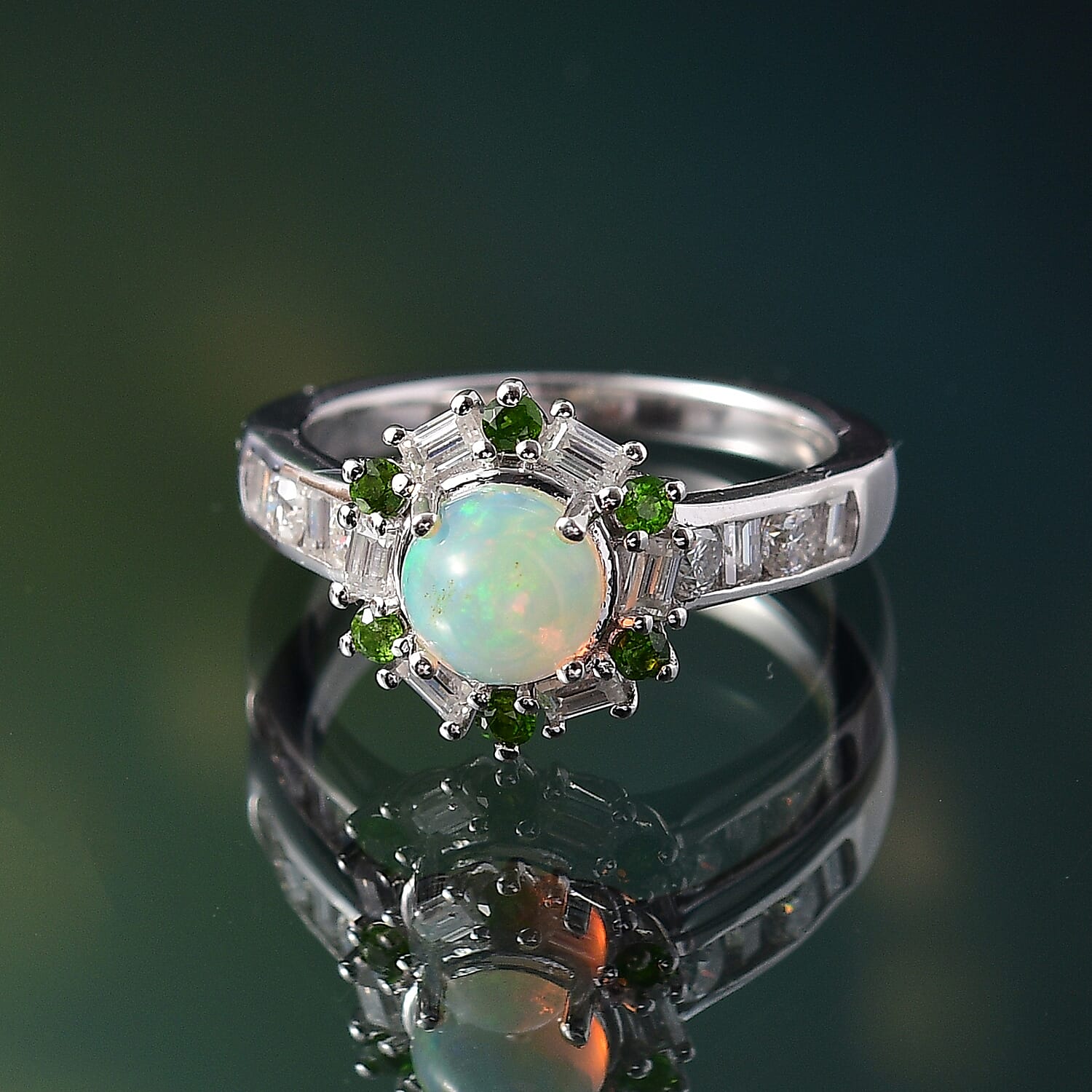 Ethiopian Opal, Natural Chrome Diopside, Moissanite Main Stone With Side Stone Ring in Rhodium OverlaySterling Silver  1.411  Ct.