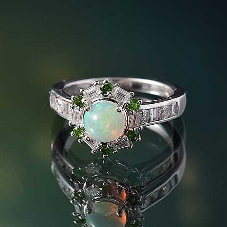Ethiopian Opal, Natural Chrome Diopside, Moissanite Main Stone With Side Stone Ring in Rhodium OverlaySterling Silver  1.411  Ct.