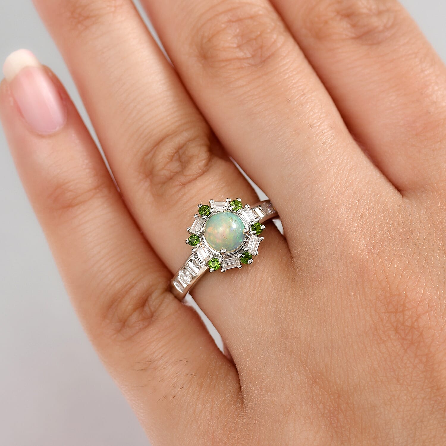 Ethiopian Opal, Natural Chrome Diopside, Moissanite Main Stone With Side Stone Ring in Rhodium OverlaySterling Silver  1.411  Ct.