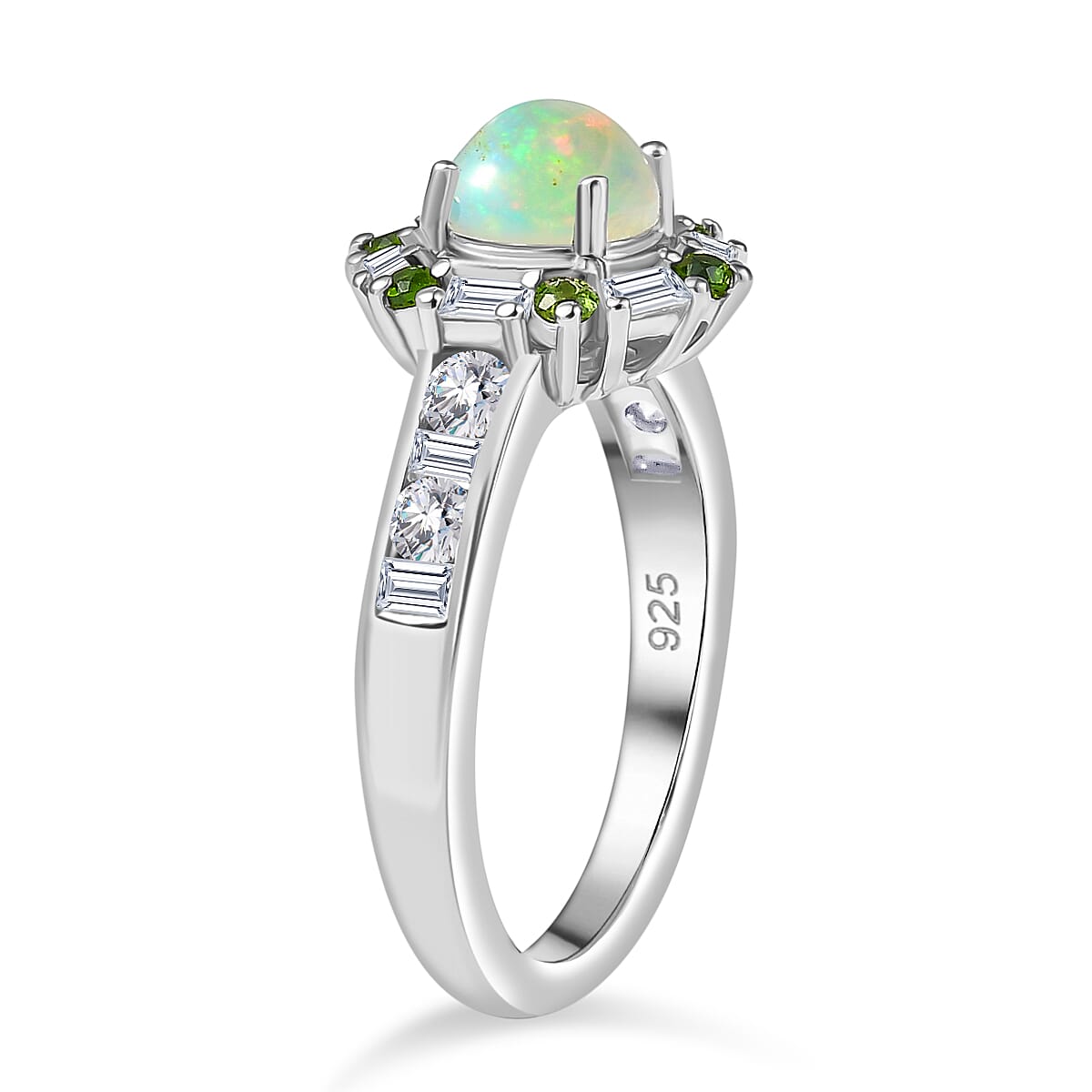 Ethiopian Opal, Natural Chrome Diopside, Moissanite Main Stone With Side Stone Ring in Rhodium OverlaySterling Silver  1.411  Ct.