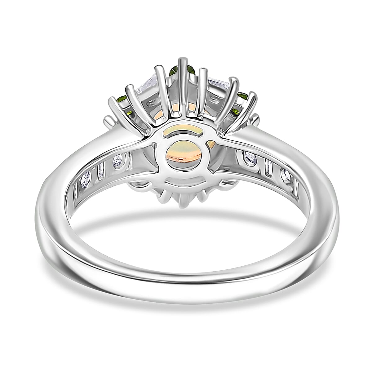 Ethiopian Opal, Natural Chrome Diopside, Moissanite Main Stone With Side Stone Ring in Rhodium OverlaySterling Silver  1.411  Ct.